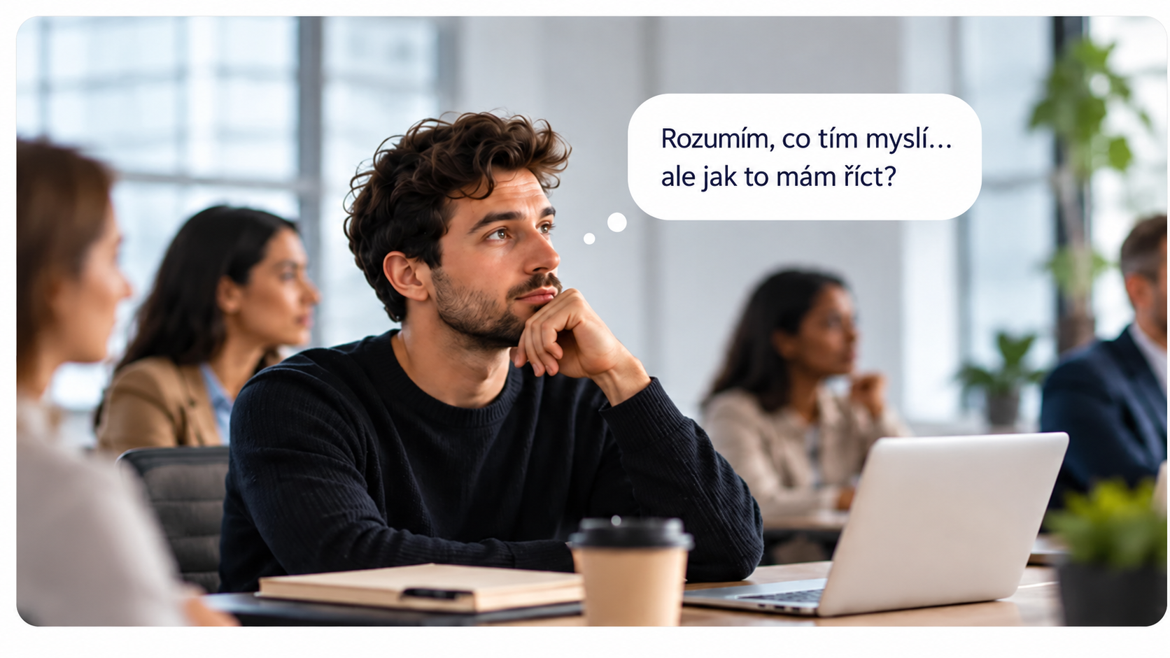 Professional hesitating while trying to speak during a meeting